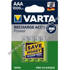 Varta Power Battery Ready2Use Micro AAA HR03 LR03 Blister of 4 1000mAh