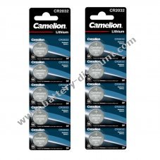 10x Camelion CR2032 lithium button cell battery - 2x blister pack of 5, ideal for watches, car keys & more