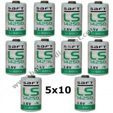 50x Lithium battery Saft LS14250 1/2AA 3,6Volt